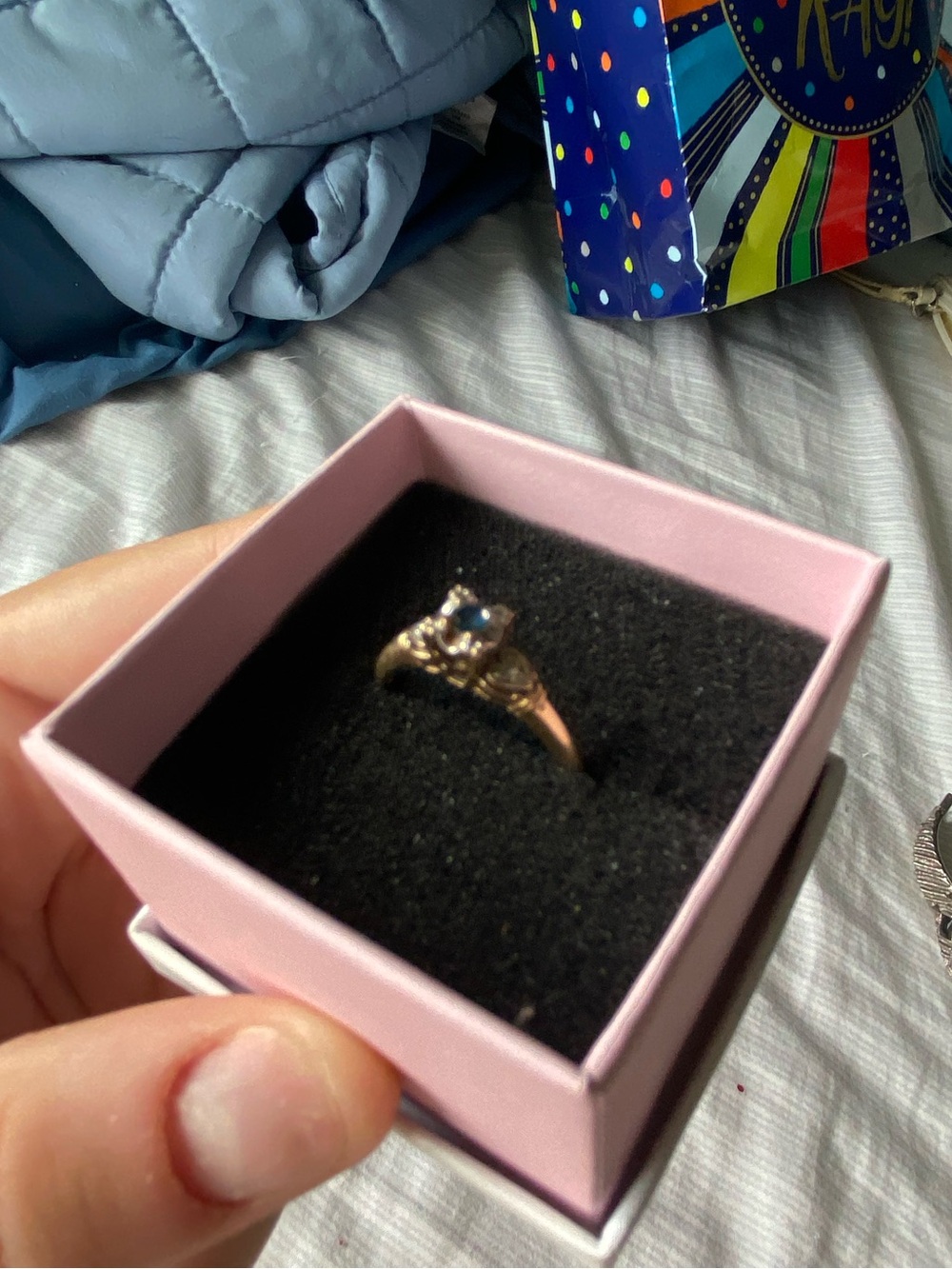 Vintage Silver and Gold Plated Ring with Blue Stone Inlay